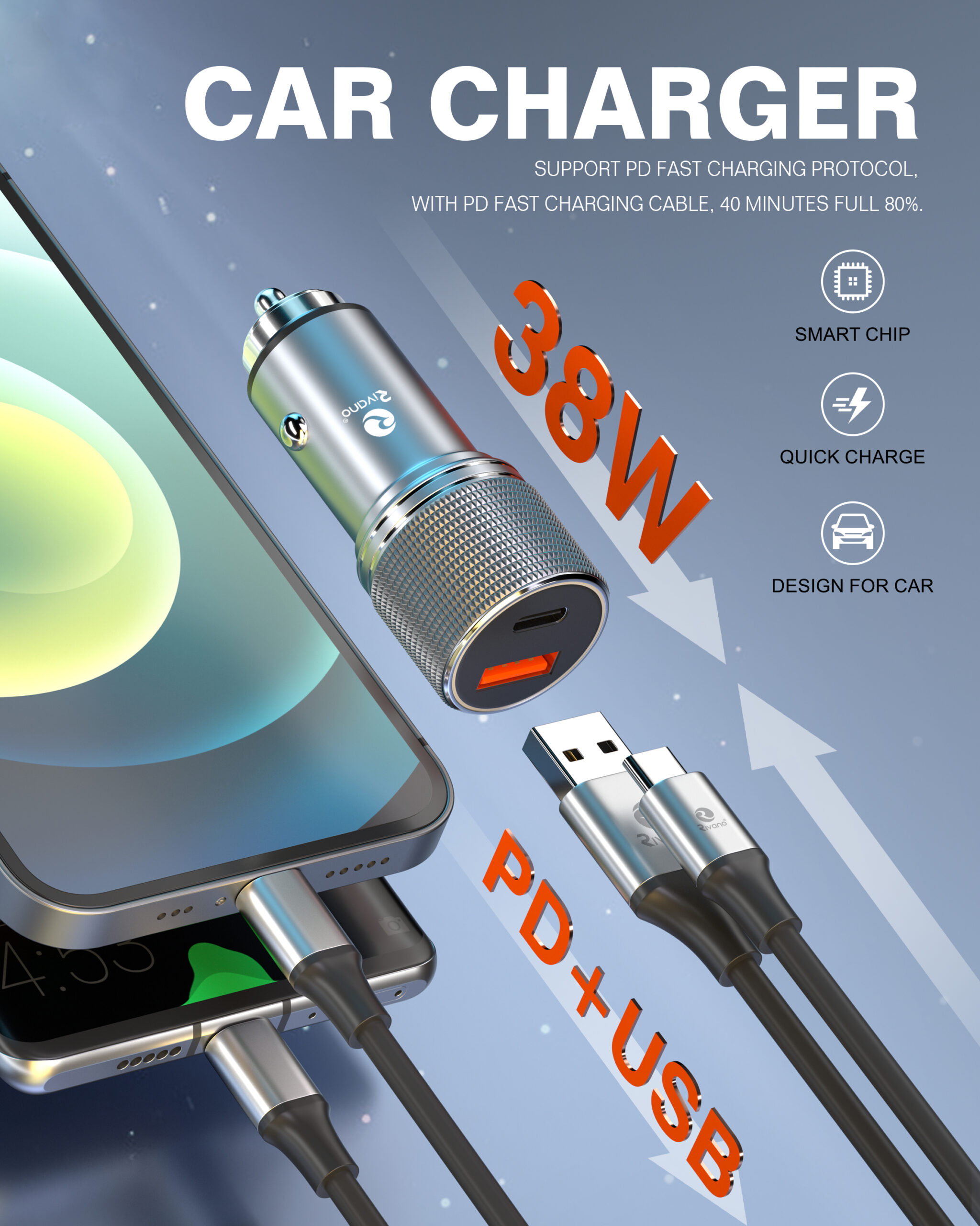 RN-CR-08-1 Car charger ad showing a metallic 38W charger with USB ports, plugged into two smartphones. Text highlights fast charging and smart chip features.
